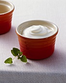 Sour cream in a small red pot