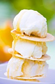Vanilla ice cream with round wafers and honey