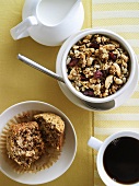 Muesli, bran muffin and a cup of coffee