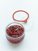 Red pepper chutney in a jar