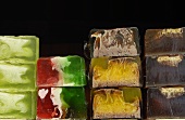 Natural soaps showing cut surfaces and swirling patterns