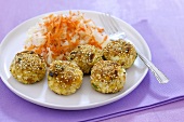 Sesame-coated boiled eggs with cabbage salad