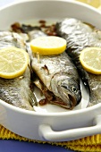 Stuffed trout with raisins and lemon slices