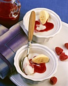 Coconut milk panna cotta with raspberry sauce and banana