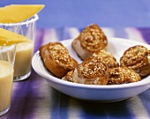 Sesame pinwheels made with oat milk & mango soya milk shake