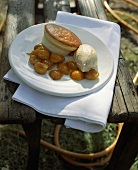 Semolina soufflé with mirabelle compote & marzipan ice cream