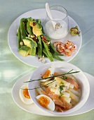 Bohnensalat mit Avocado und Flusskrebsen & Spargelsalat mit Räucherlachs