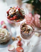 Chocolate vanilla ice cream in dishes and frozen yogurt in dishes with fresh berries