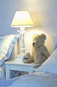 A teddy bear in a bedroom