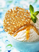 Vanilla ice cream with a sesame wafer