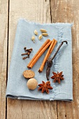 Star anise, nutmeg, vanilla pod, cinnamon sticks, cloves and cardamon pods