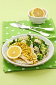 Steamed sole with wholegrain rice, broccoli and pistachios