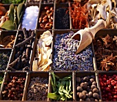 Dried lavender flowers with various spices in a seedling tray