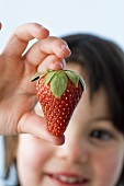 Mädchen hält eine Erdbeere