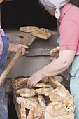 Countrywomen taking freshly baked bread out of stone oven