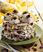 Wafer tower with whipped cream and fruit