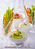 Vegetable sticks with guacamole, soft cheese dip & pepper dip