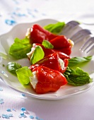 Red peppers stuffed with soft cheese, basil