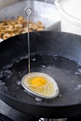 Fried egg in egg shaper in frying pan