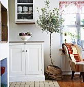 Wohnküche mit Schrank, Olivenbäumchen & Sessel vor Fenster