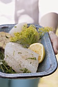 Hands holding dish of raw fish fillets for barbecuing