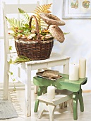 Wicker basket filled with mushrooms on white chair