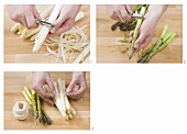 Peeling white and green asparagus and tying it together