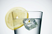 Ice cube and slice of lemon in a glass of water