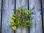 Small bunch of herbs on wooden boards