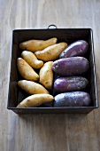 Potatoes and sweet potatoes in a roasting tin