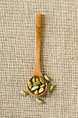 Cardamom pods on wooden spoon