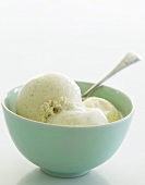 Vanilla ice cream in pale blue bowl