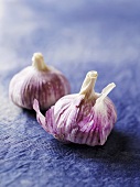 Two purple garlic bulbs