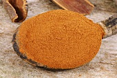 Ground cinnamon on wooden spoon