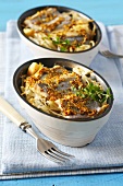 Baked herring on white cabbage with mustard