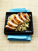 Miso chicken breast on rice with spring onions
