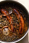 Lentils with sausages and onions