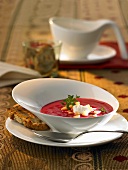 Beetroot soup with sour cream and toast
