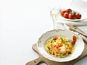Spaghetti with prawns, chilli and spring onions
