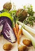 Winter vegetables (potatoes, carrots, red cabbage, leeks, celeriac)