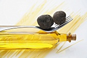 Chinese truffles on fork, truffle oil, spaghetti