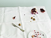 Pomegranate, lychee and plate on dirty tablecloth