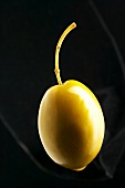A green olive against a black background