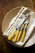 Antique silver cutlery on fabric napkin on plate