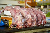 Skinned rabbits on a market stall