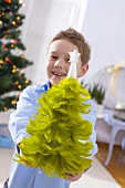 Little boy holding a feather Christmas tree
