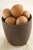 Several hazelnuts in brown pot