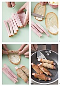 Frying ham wrapped in bread