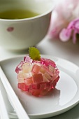 Wagashi (Sweet rice ball with jelly cubes, Japan)