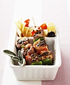 Goose liver, bacon and pepper kebabs